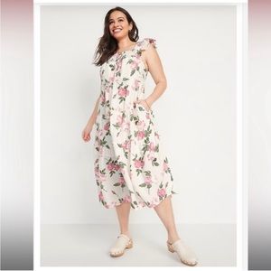 Old Navy Flutter-Sleeve Floral Smocked Midi Swing Dress for Women size Large NWT